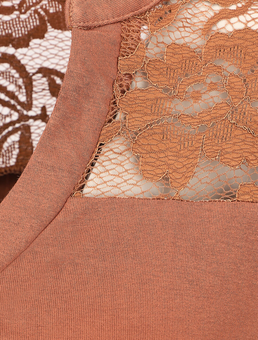Top uni manches longues et dentelle - Camel - 3