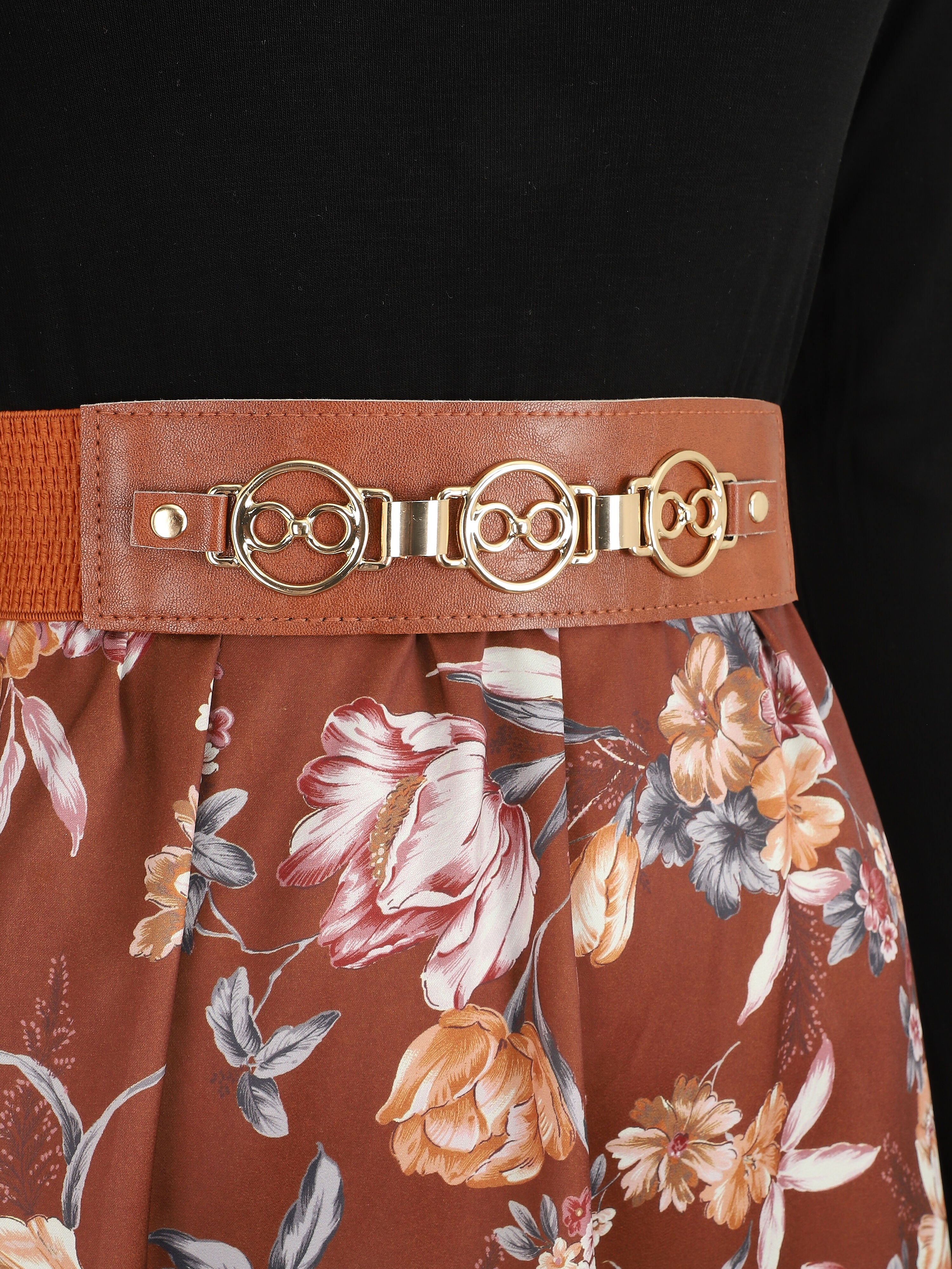 Robe bicolore à imprimé floral - Marron - 3