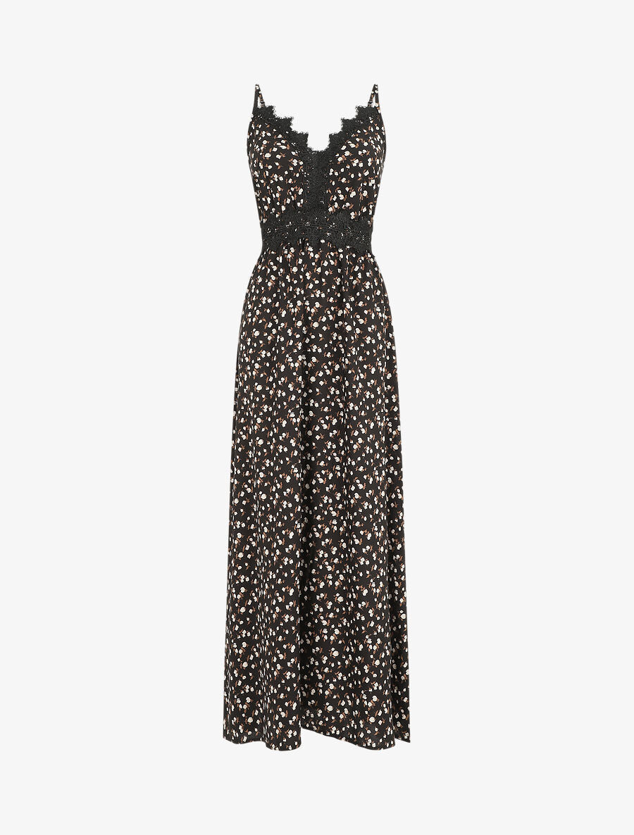 Robe longue à col dentelle et imprimé fleurs - Noir - 1