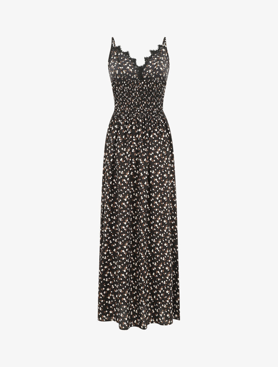 Robe longue à col dentelle et imprimé fleurs - Noir - 2