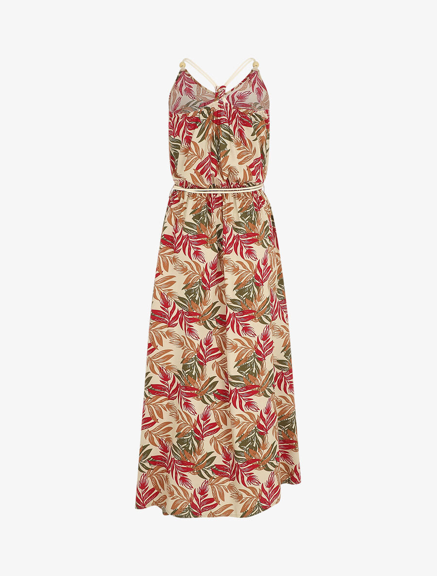 Robe longue empire à imprimé feuilles - Beige - 2