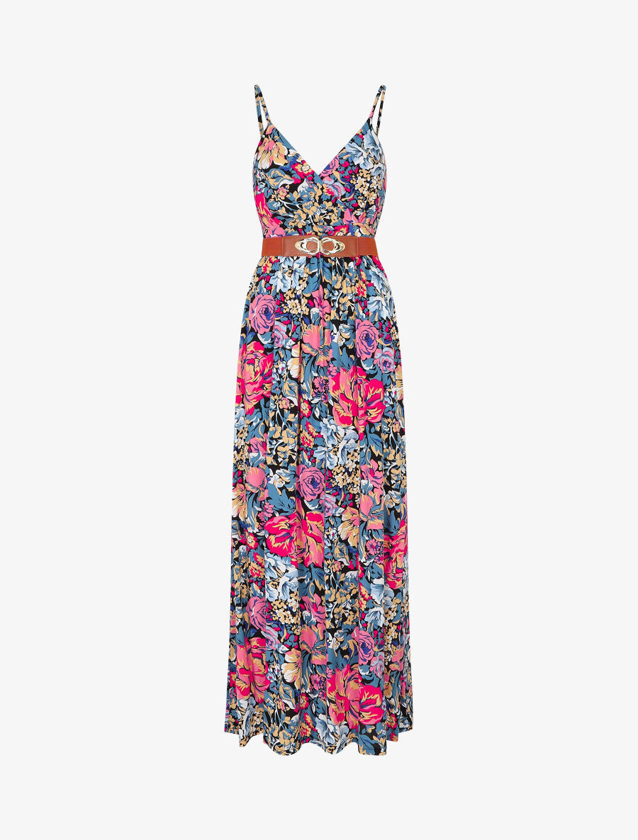 Robe longue empire imprimé fleuri - Noir - 4