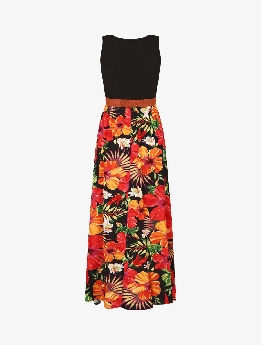 Robe longue bicolore imprimé tropical - Noir - 2