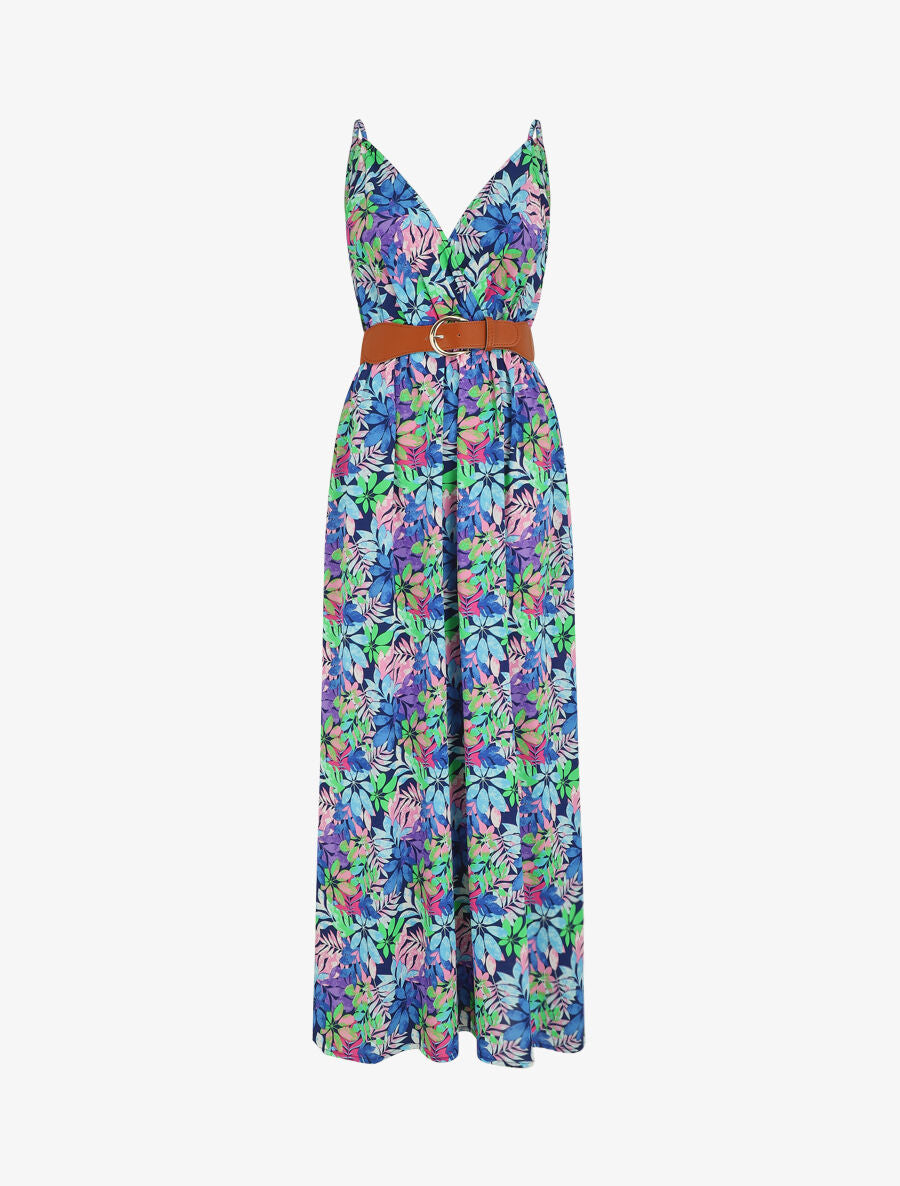 Robe longue imprimé feuilles sauvages à bretelles - Bleu - 2