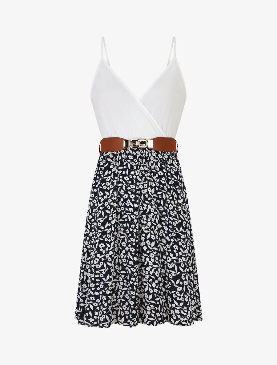 Robe mi-longue fleurie à fines bretelles - Marine - 1