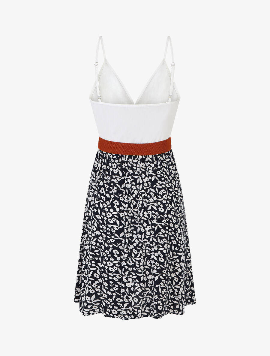 Robe mi-longue fleurie à fines bretelles - Marine - 2