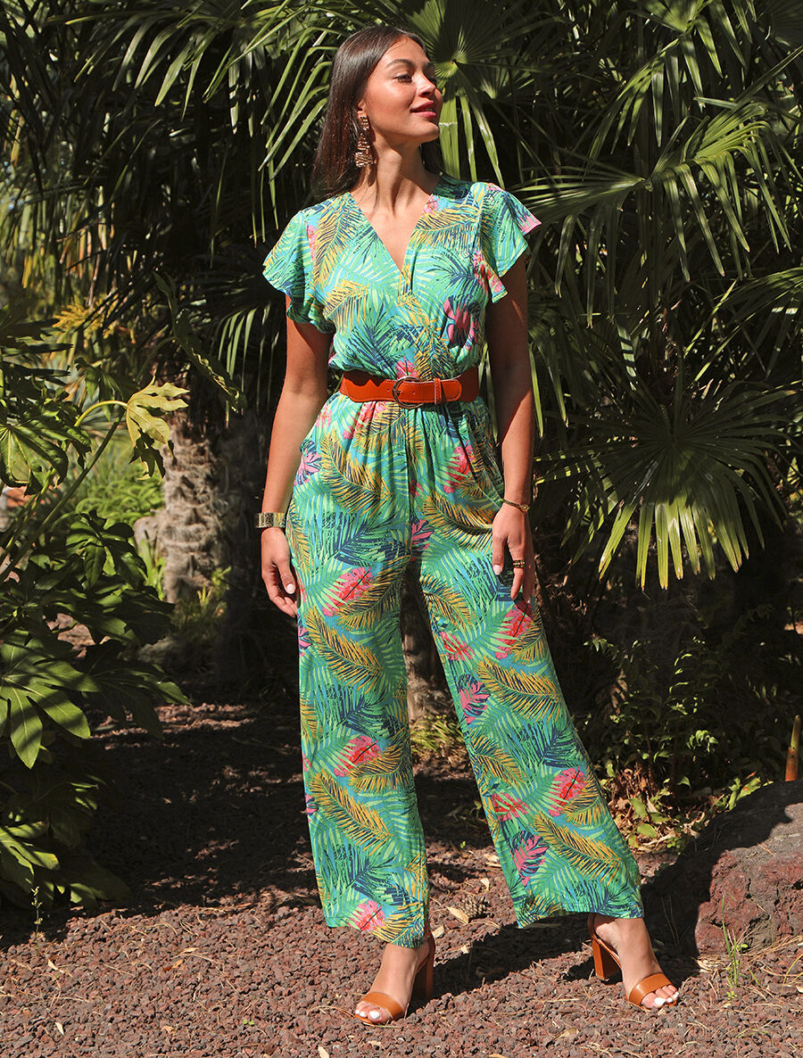 Combinaison droite manches courtes imprimé tropical - Vert - 4