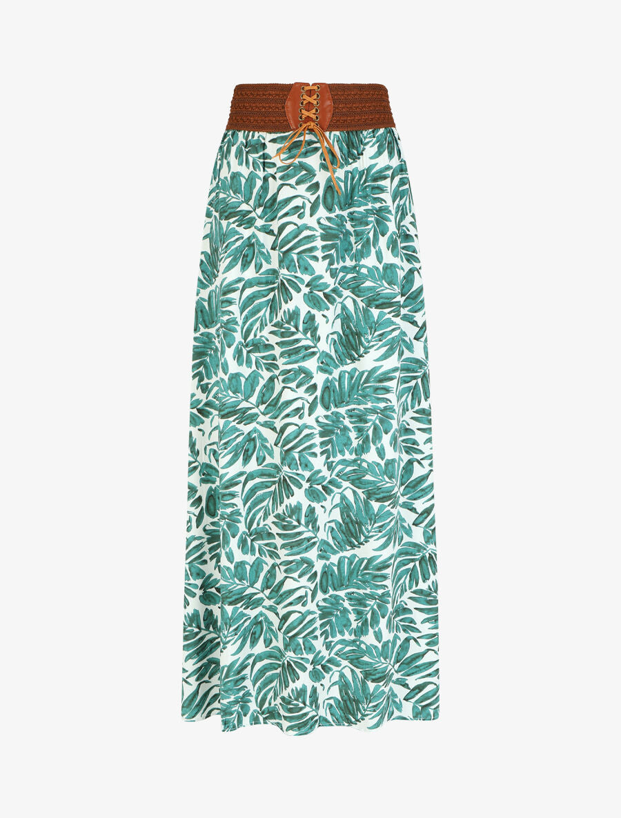 Jupe longue évasée imprimé feuilles - Vert - 5