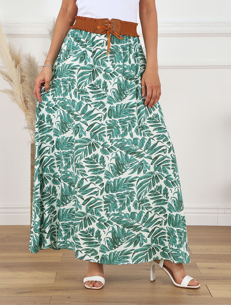 Jupe longue évasée imprimé feuilles - Vert - 4