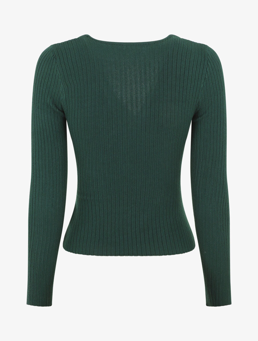 Pull côtelé moulant col cache-coeur - Vert foncé - 2