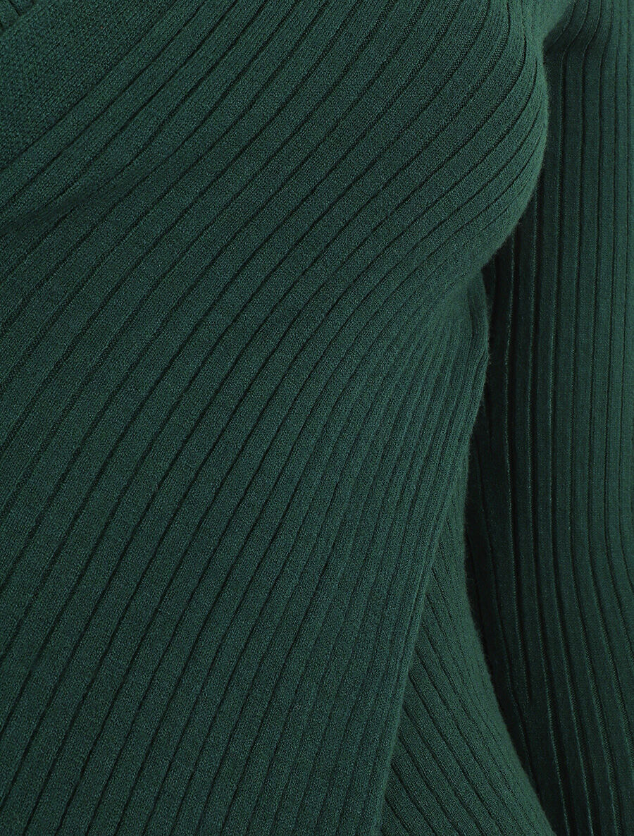 Pull côtelé moulant col cache-coeur - Vert foncé - 3