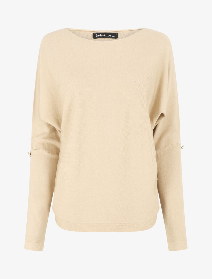 Pull uni à boutons décoratifs aux manches - Beige - 1