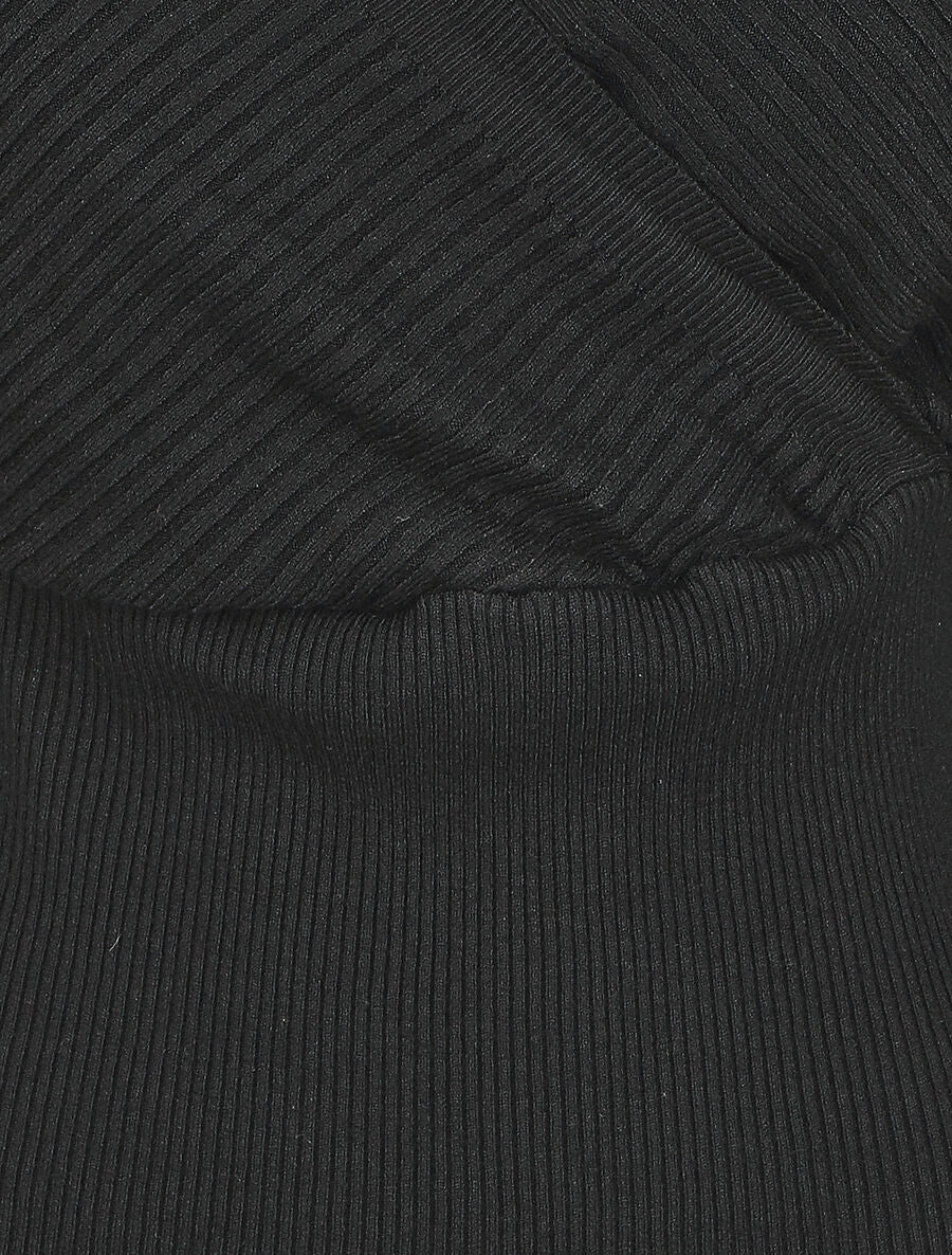 Pull côtelé ajusté col cache-coeur - Noir - 3