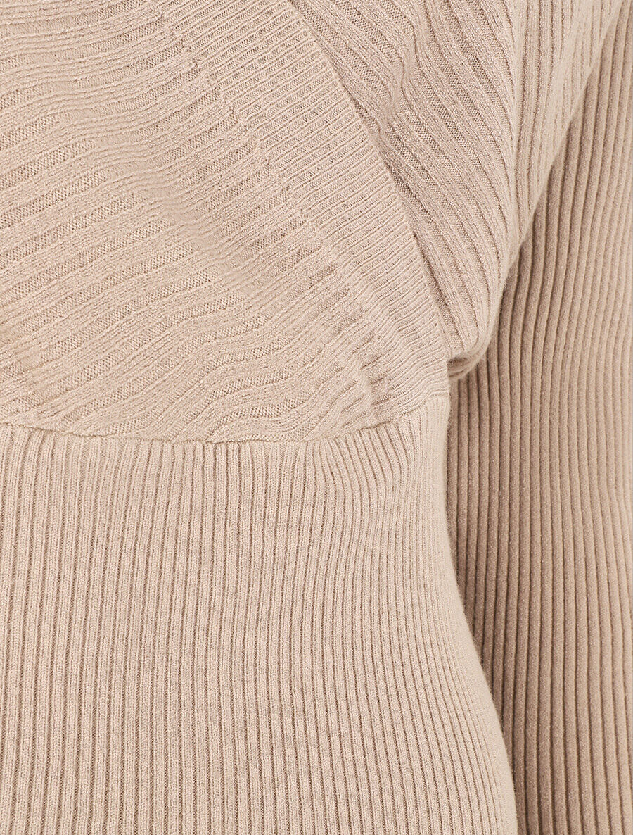 Pull côtelé ajusté col cache-coeur - Beige - 3