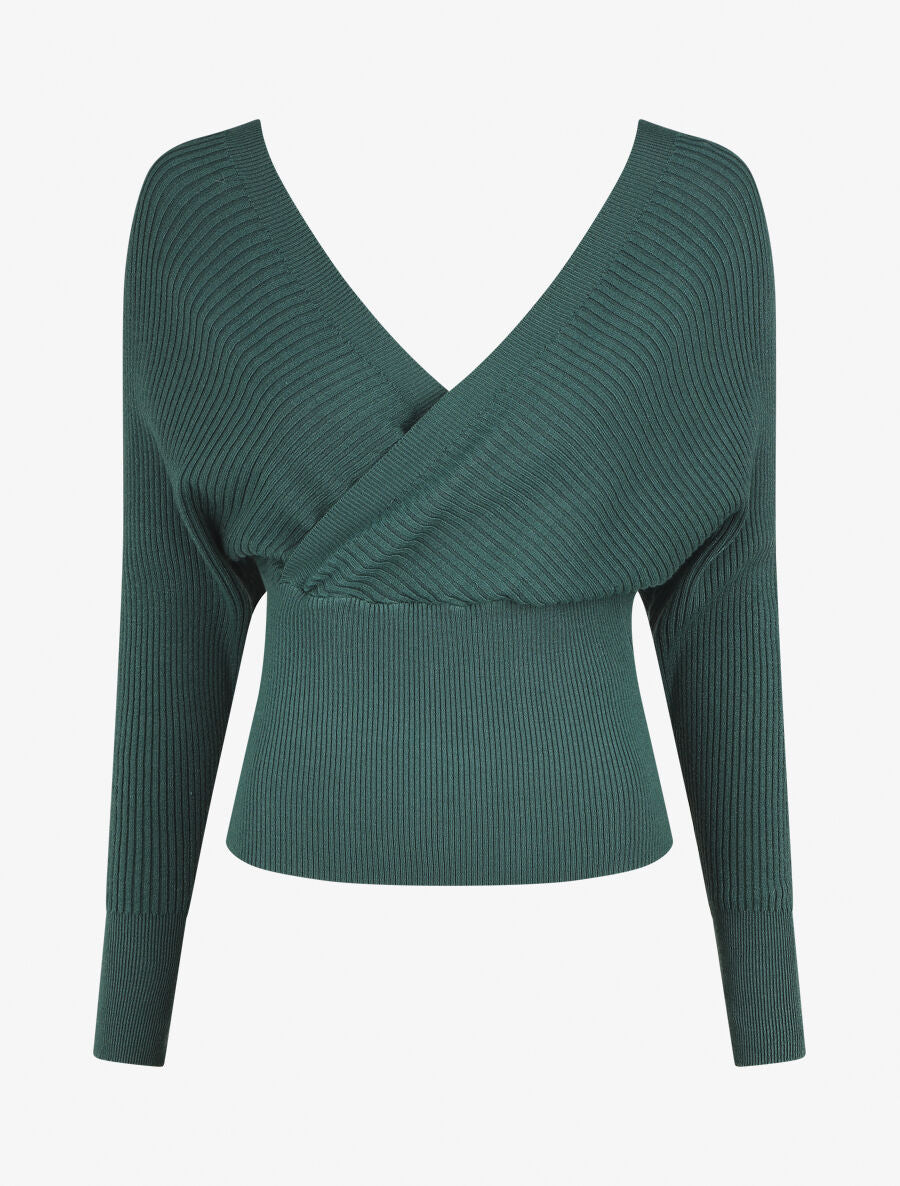 Pull côtelé ajusté col cache-coeur - Vert foncé - 4