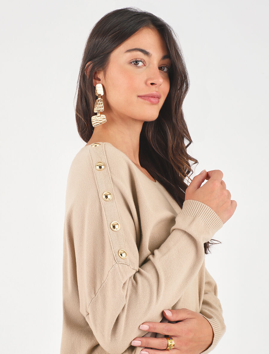 Pull fin à col rond et boutons décoratifs - Beige - 3