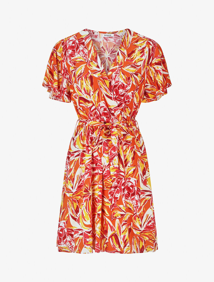Robe mi-longue imprimé feuillage - Rouge - 1