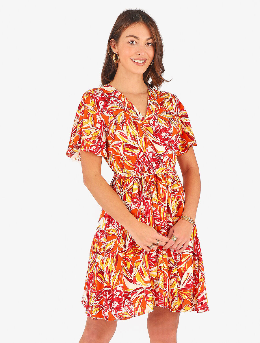 Robe mi-longue imprimé feuillage - Rouge - 4