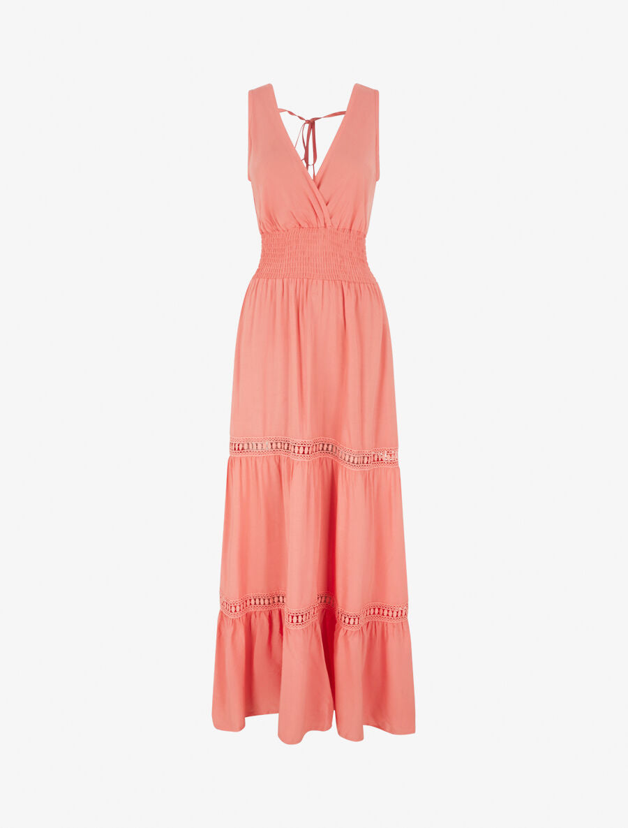 Robe longue élastiquée et liens à nouer - Corail - 4