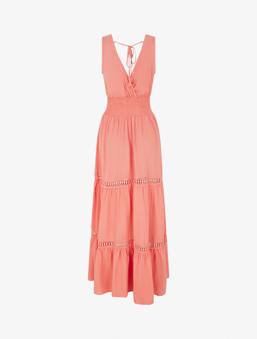 Robe longue élastiquée et liens à nouer - Corail - 2