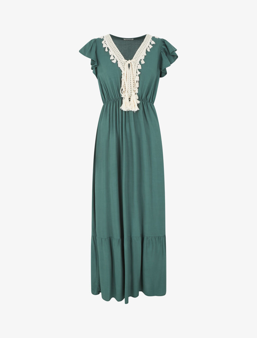 Robe longue évasée unie - Vert foncé - 4