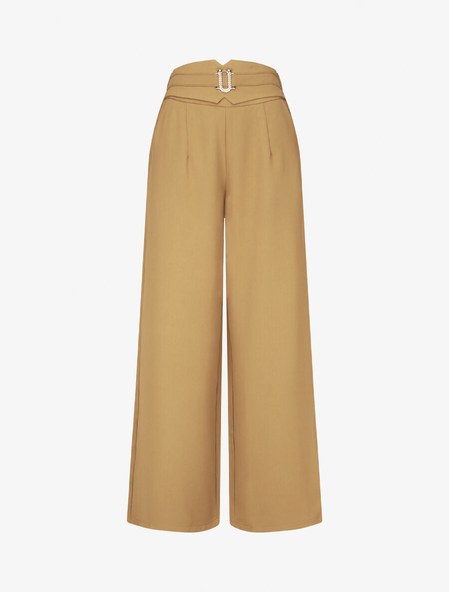 Pantalon ample taille haute à boucle fantaisie - Camel - 4