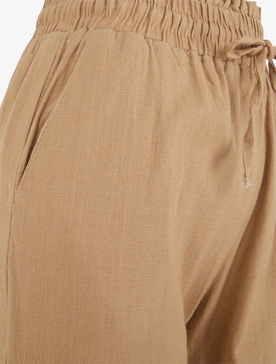 Pantalon uni élastiqué effet lin - Camel - 3