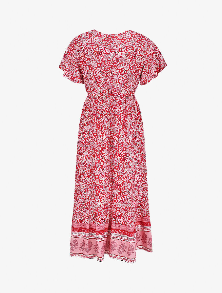 Robe longue à fleurs et manches courtes - Rouge - 2