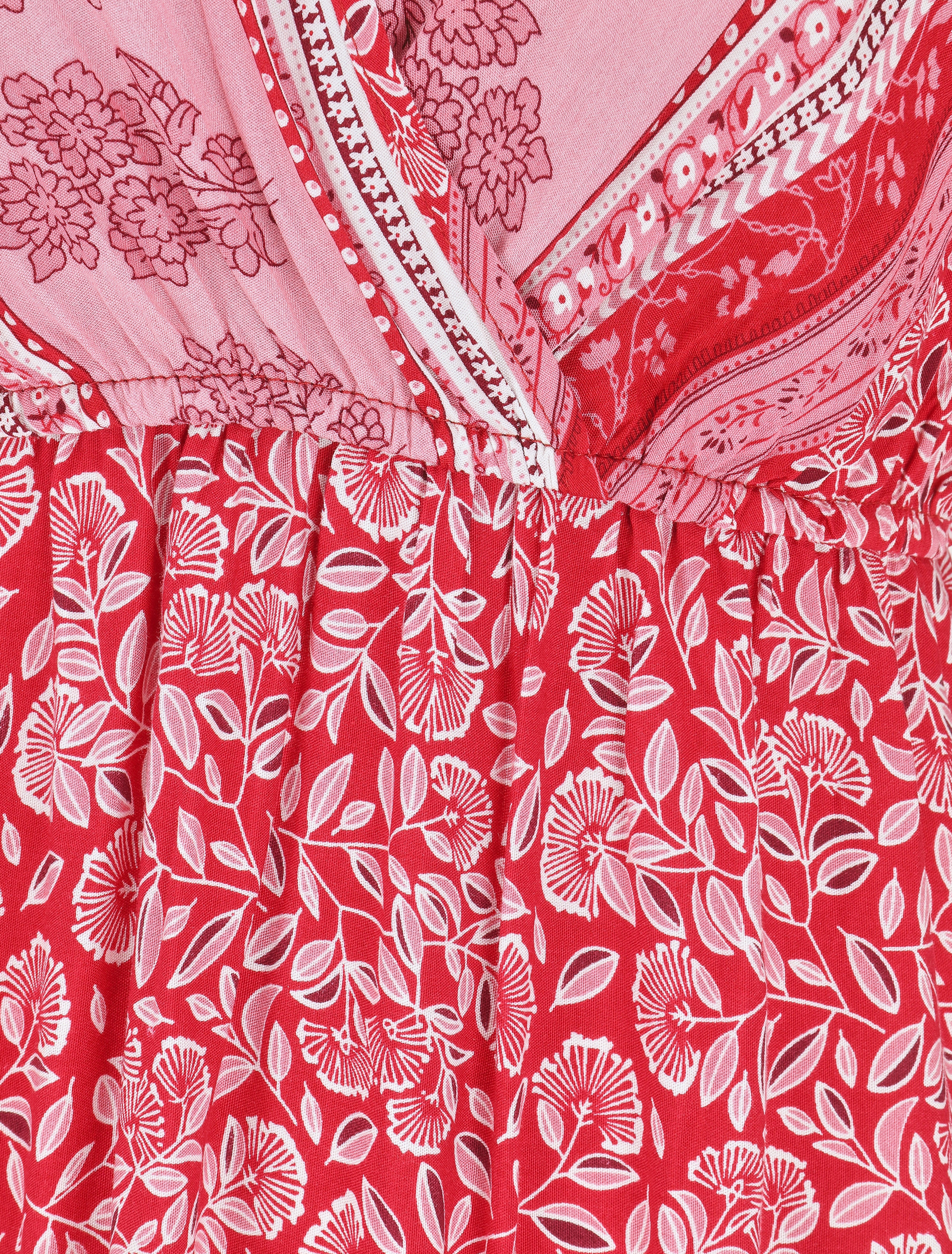 Robe longue à fleurs et manches courtes - Rouge - 3