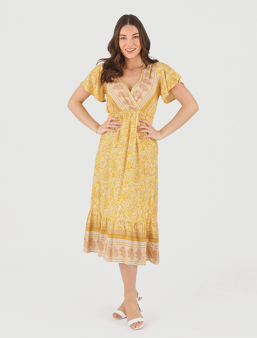 Robe longue à fleurs et manches courtes - Jaune - 4