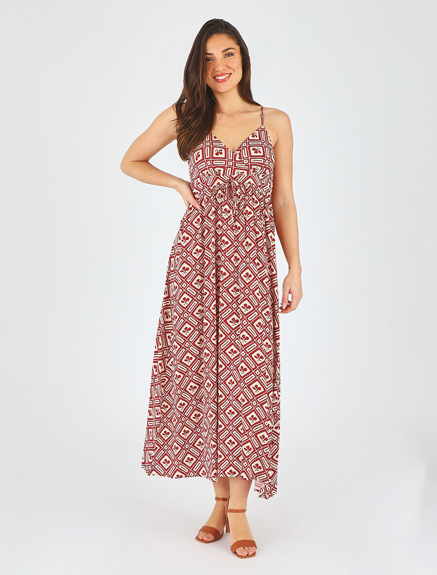 Robe longue à fines bretelles imprimé graphique - Rouge - 4