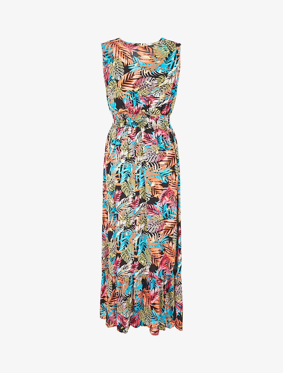 Robe longue évasée imprimé tropical sans manches - Noir/turquoise - 2