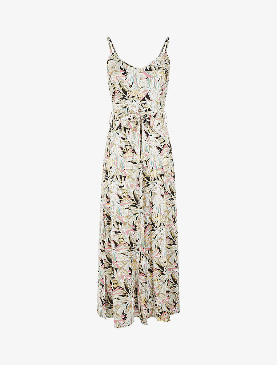 Robe longue évasée à fines bretelles imprimé tropical - Noir/kaki - 6