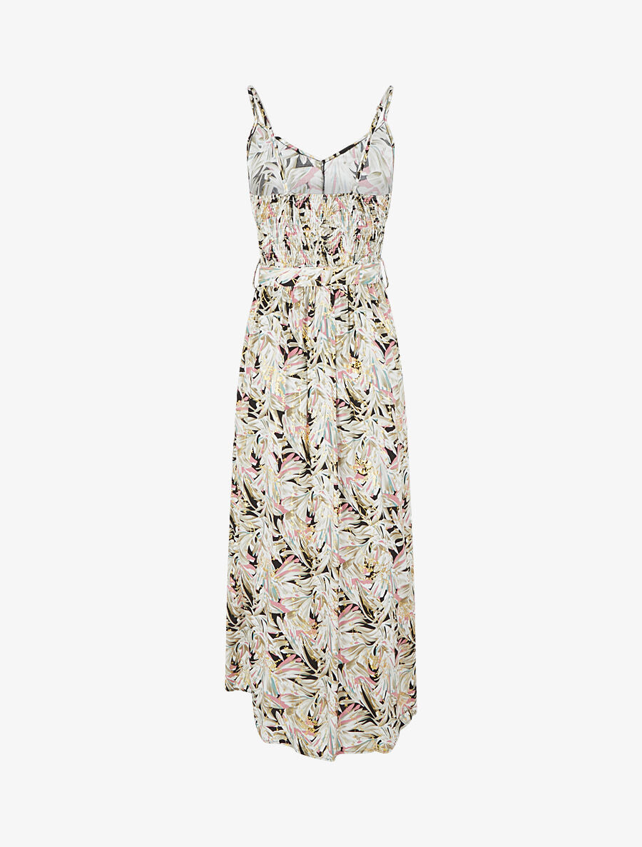 Robe longue évasée à fines bretelles imprimé tropical - Noir/kaki - 3