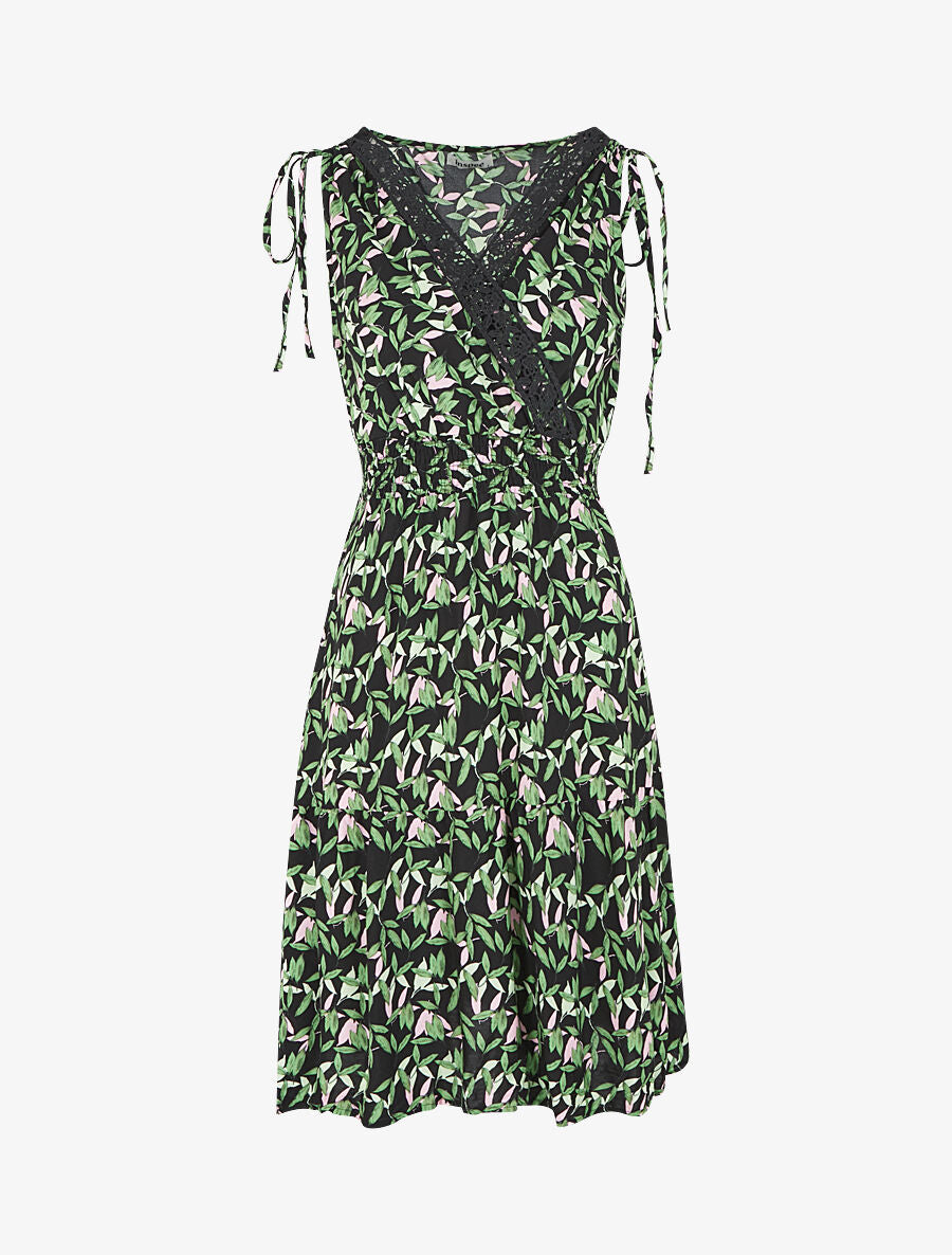 Robe imprimé petites feuilles à col cache-coeur - Noir - 1