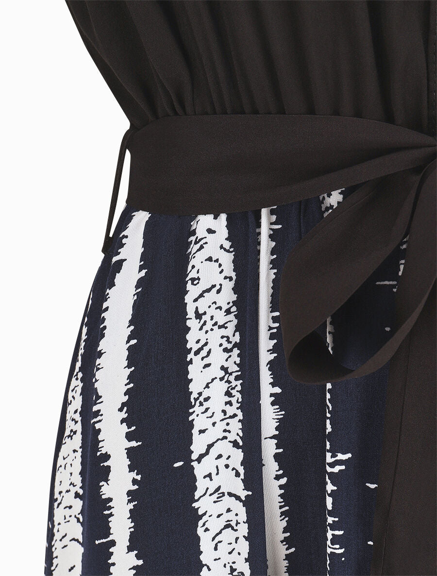 Robe longue élastiquée à jupe imprimé rayures - Marine - 3