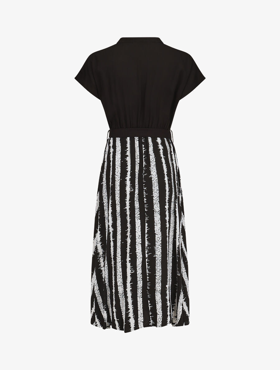 Robe longue élastiquée à jupe imprimé rayures - Noir - 2