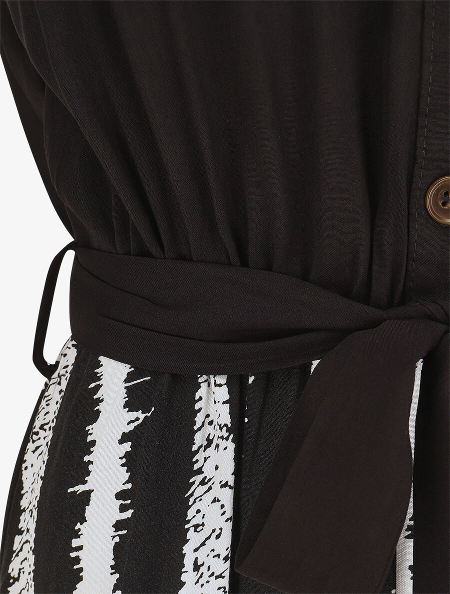 Robe longue élastiquée à jupe imprimé rayures - Noir - 3