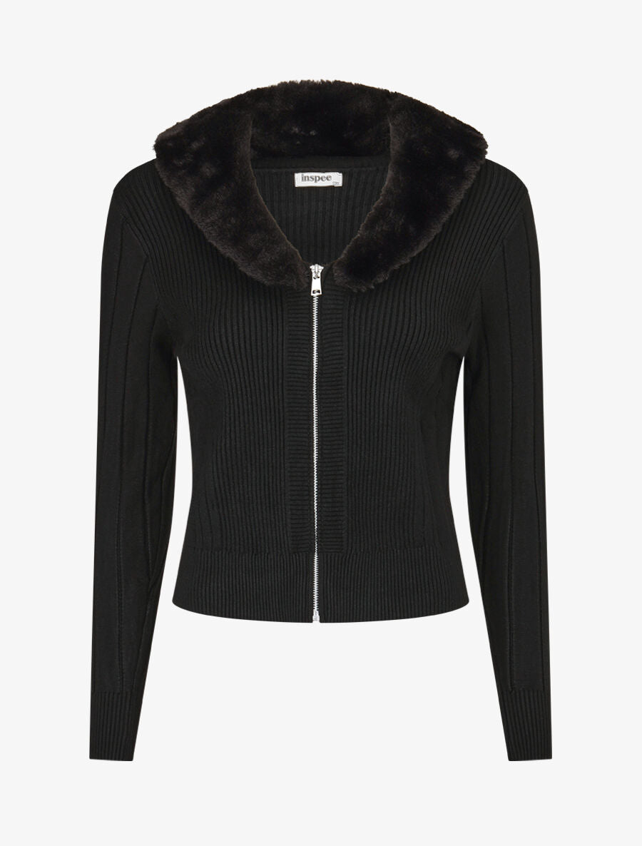 Gilet zippé et col à fourrure synthétique - Noir - 1