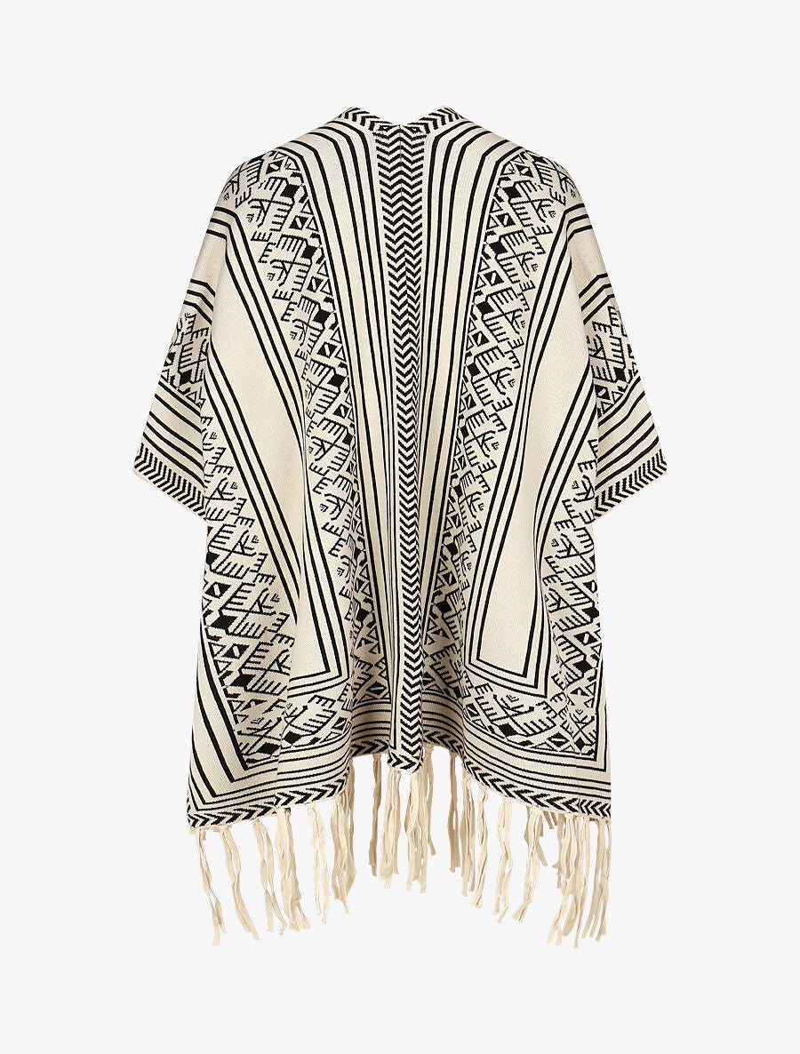 Poncho à imprimé graphique et franges - Blanc - 2