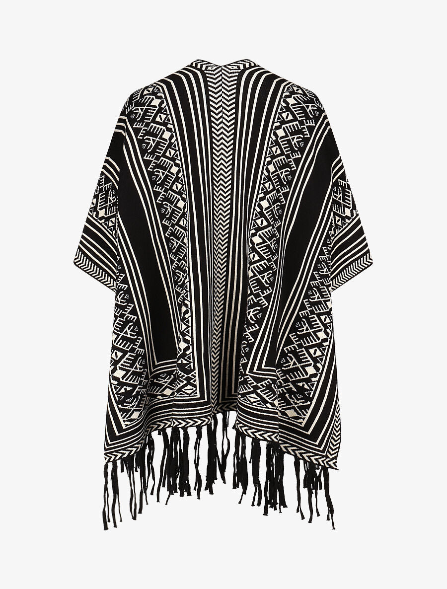 Poncho à imprimé graphique et franges - Noir - 2