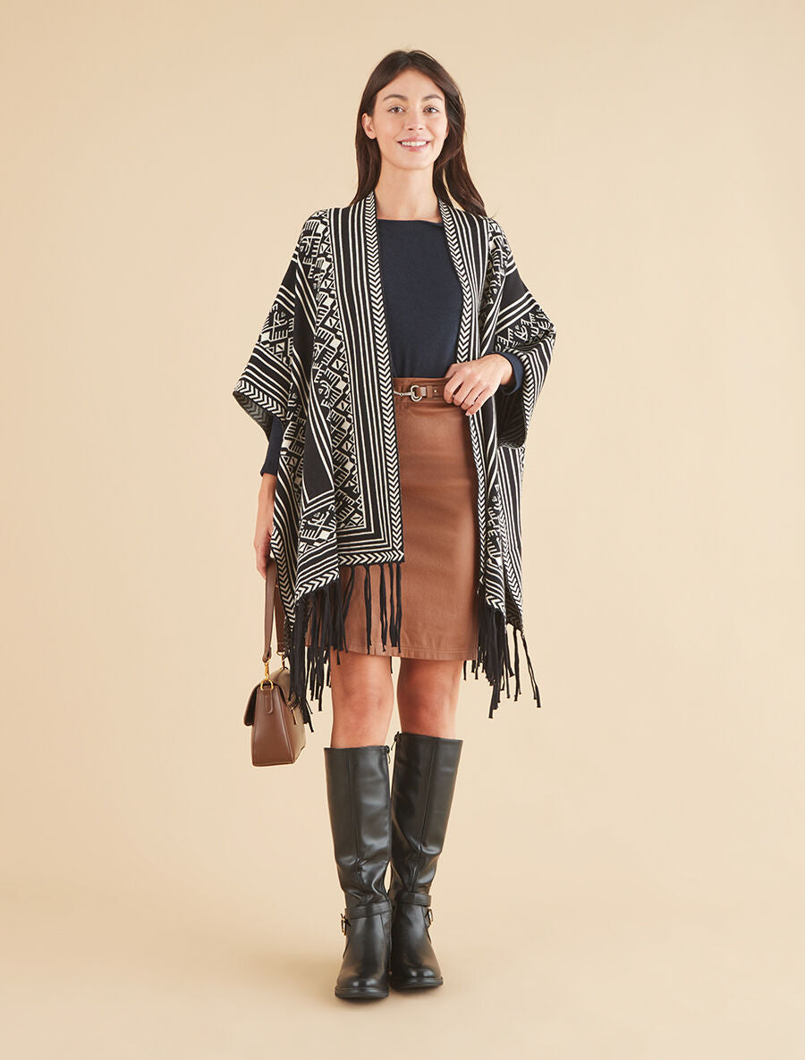 Poncho à imprimé graphique et franges - Noir - 4