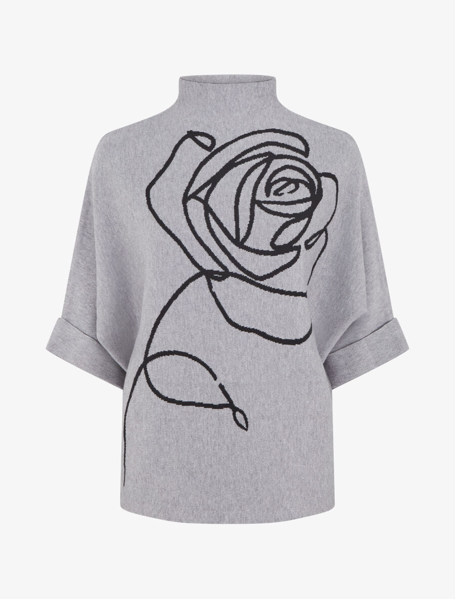 Pull ample manches 3/4 motif rose - Gris - 1