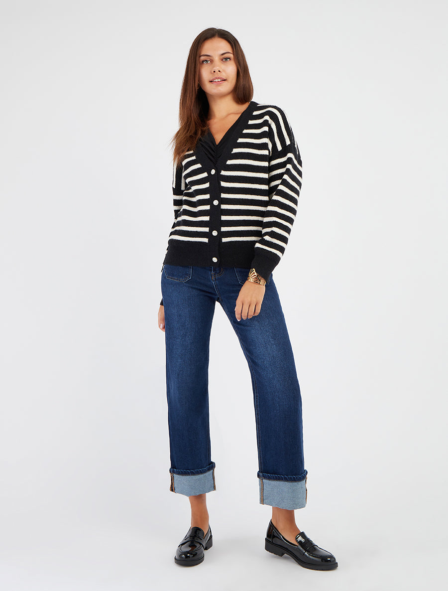 Cardigan rayé à boutons strassés - Noir - 8
