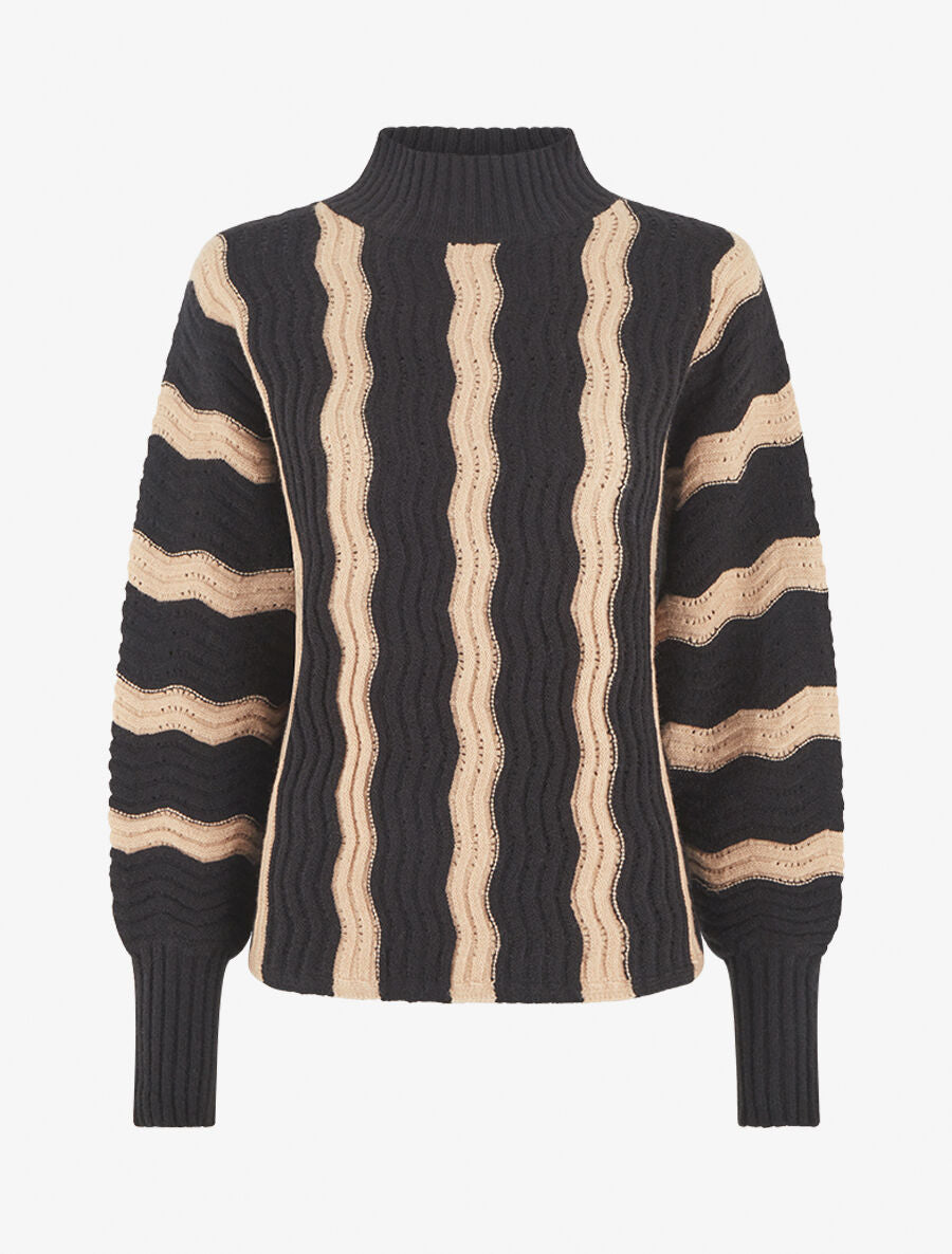 Pull ample à col montant et rayures - Noir - 1