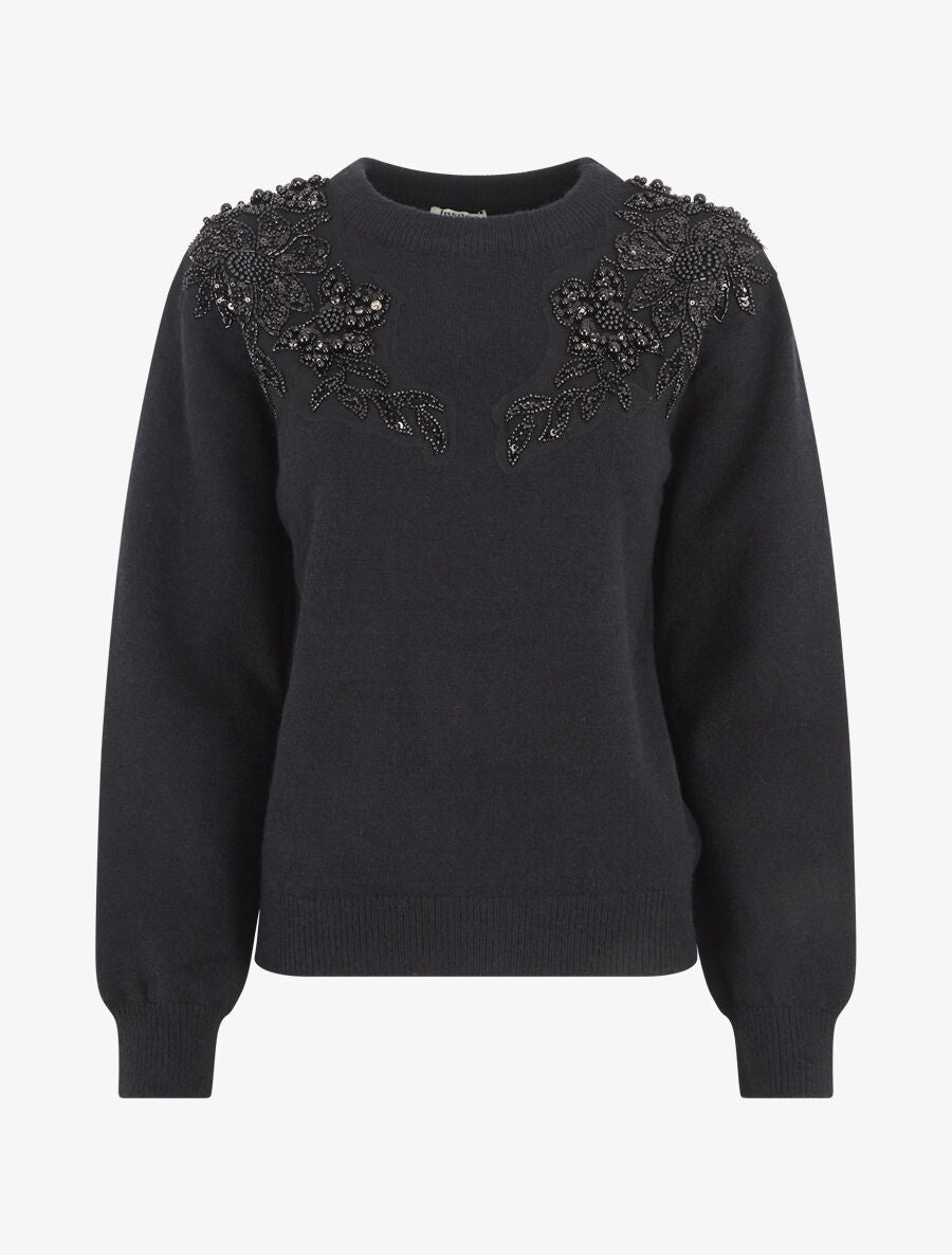 Pull uni orné de perles et strass - Noir - 4