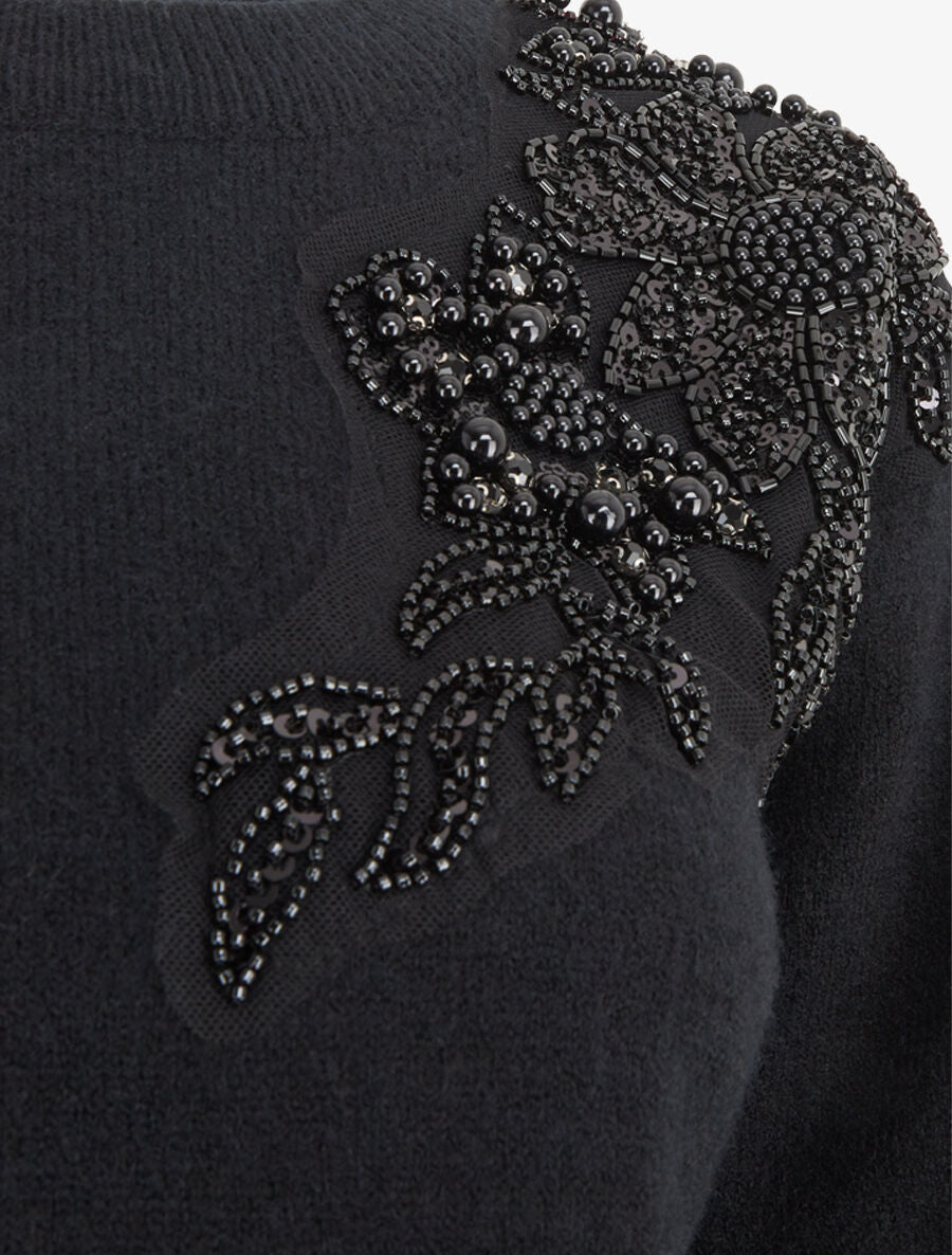 Pull uni orné de perles et strass - Noir - 3