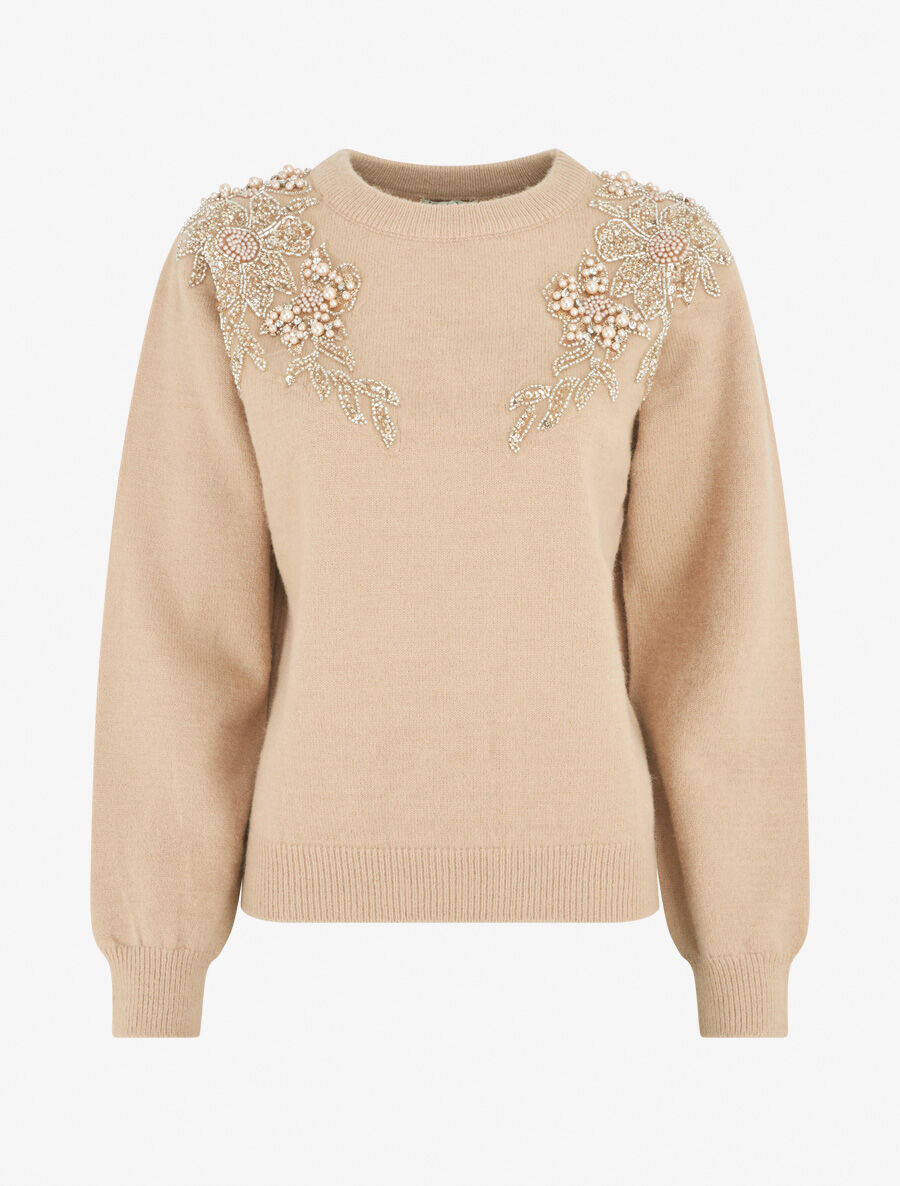 Pull uni orné de perles et strass - Taupe - 5