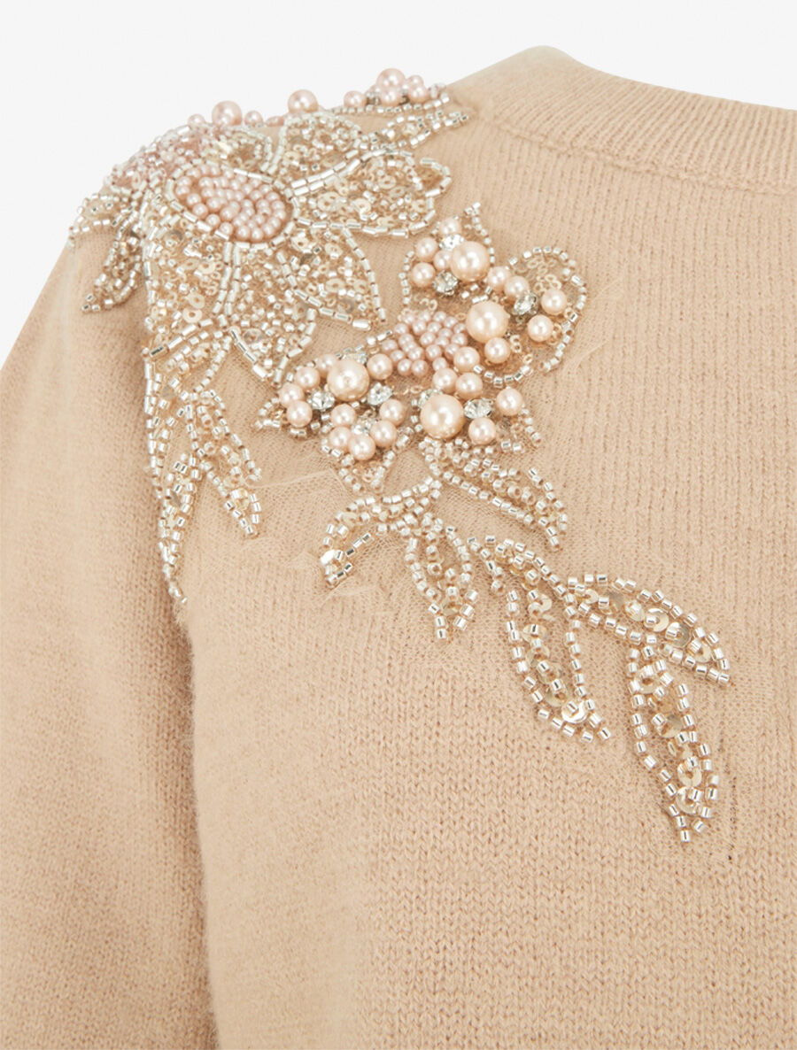 Pull uni orné de perles et strass - Taupe - 3
