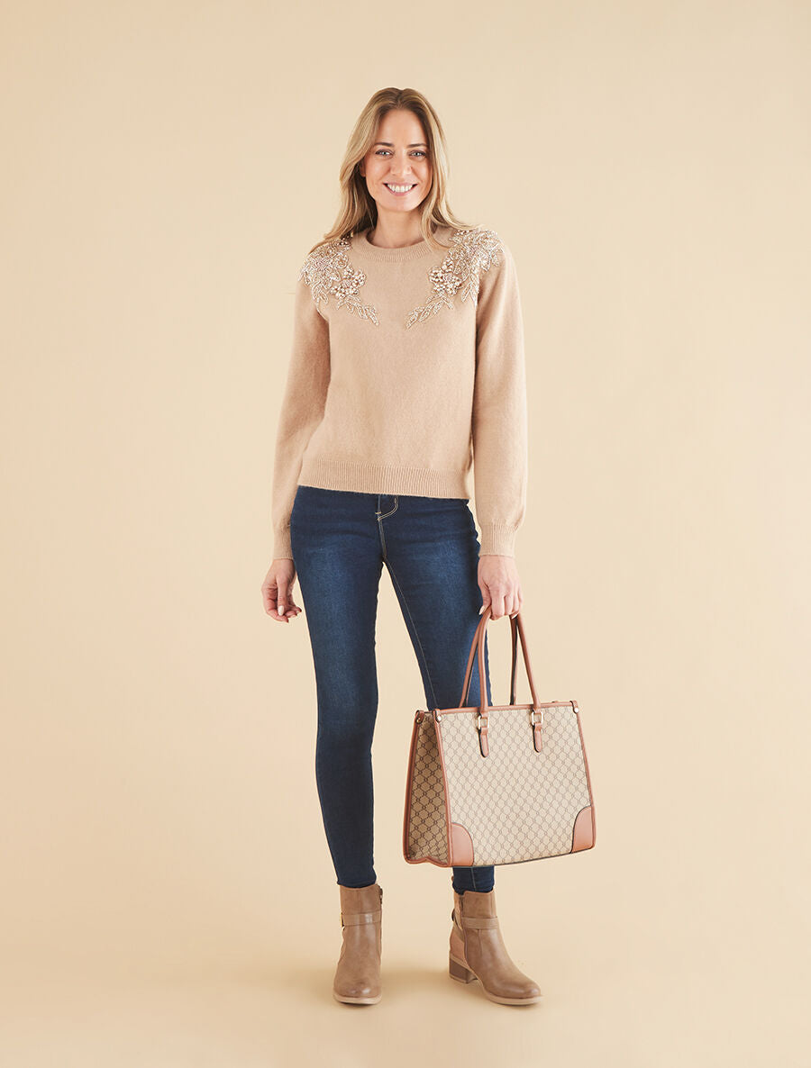Pull uni orné de perles et strass - Taupe - 4